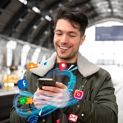 Man streaming with phone and social apps